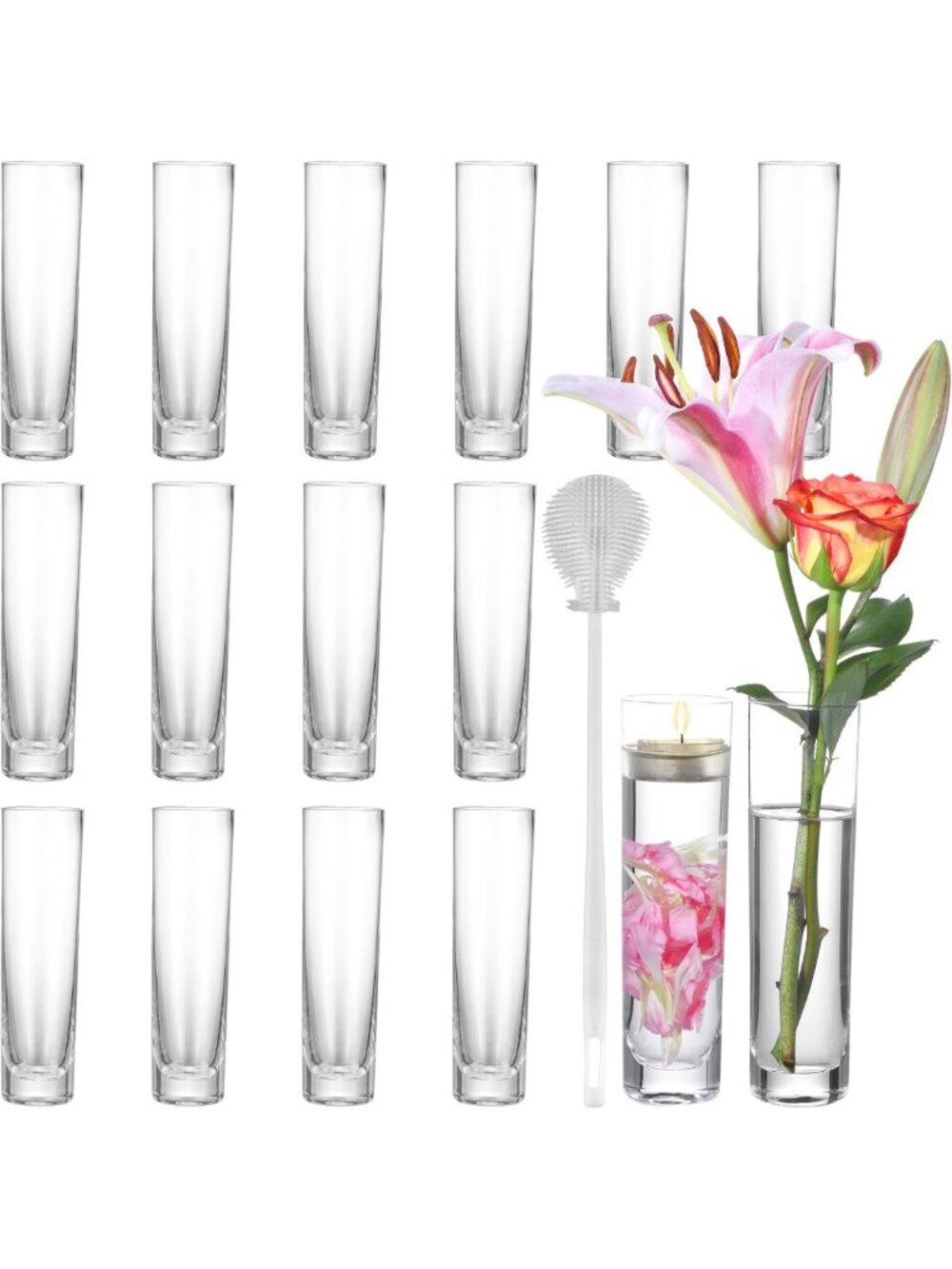 Set of 16 Clear Glass Cylinder Bud Vases - 7.48” Tall, Perfect for Floral